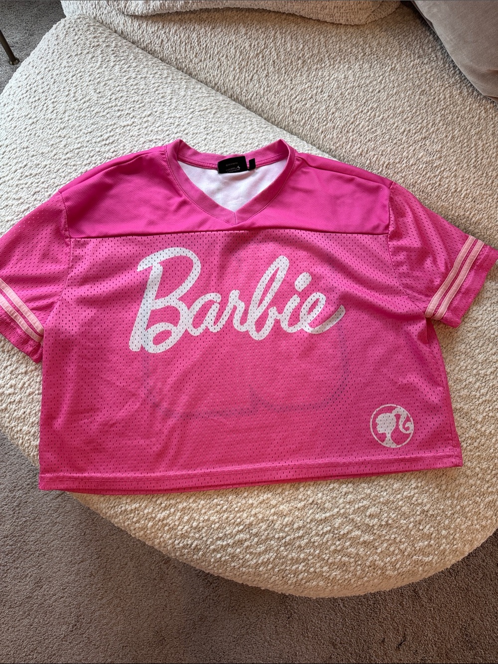 Barbie Hot Pink Mesh Logo Crop Jersey with White Script